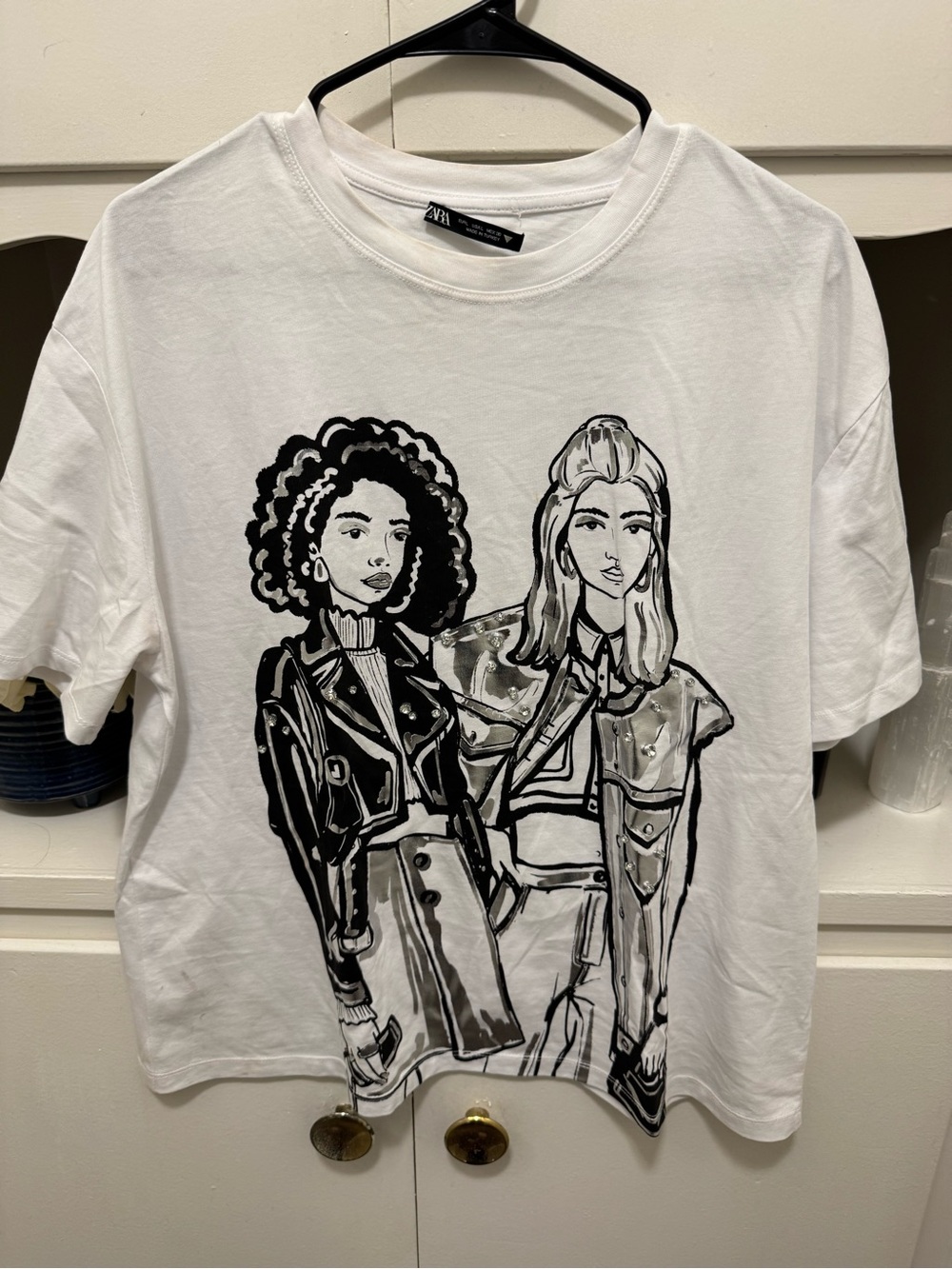 Zara White Tee with Black Figurative Illustration